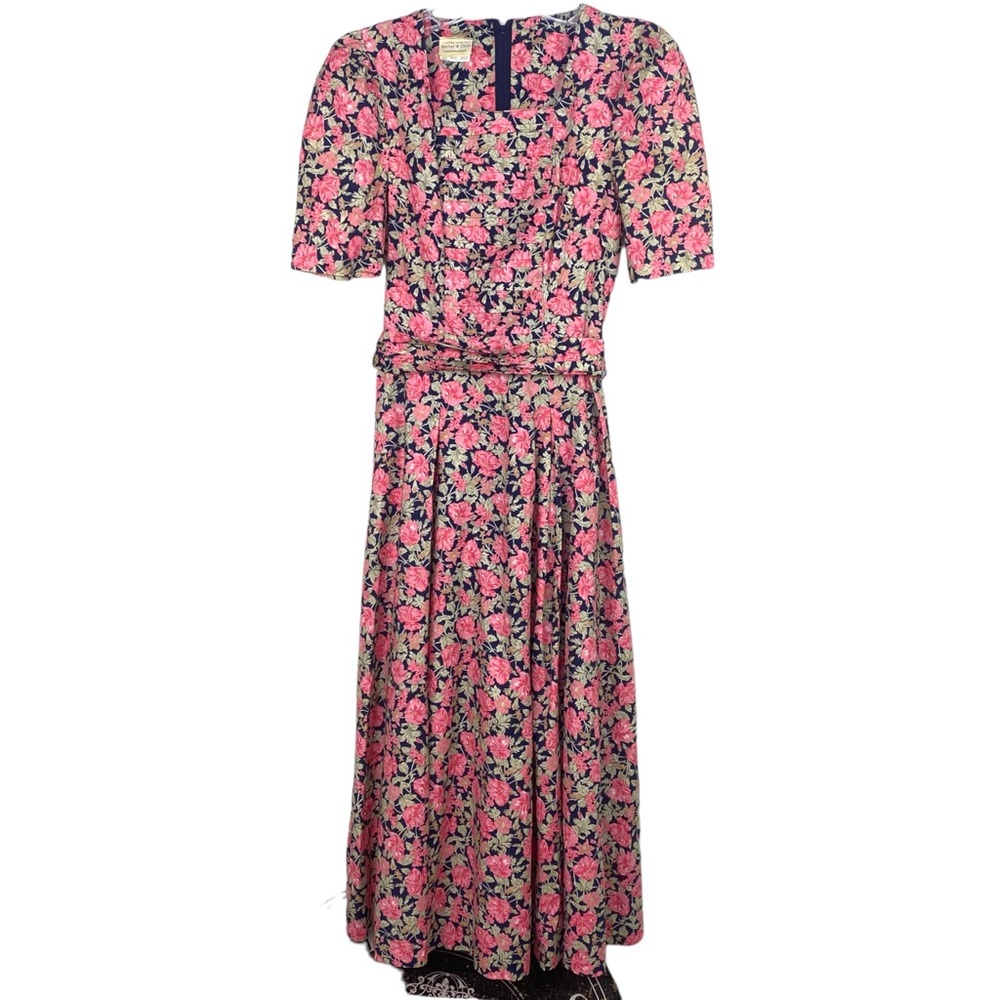Laura Ashley Pink Floral Midi Dress on Navy